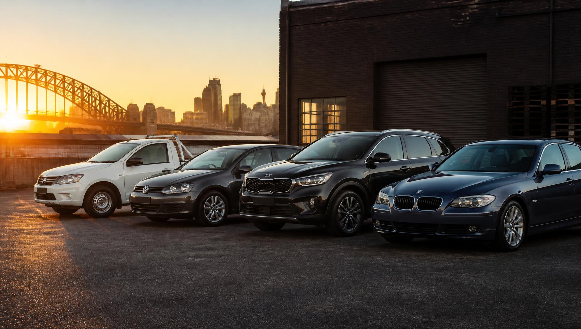 A row of used cars including a ute, hatchback, SUV and European sedan