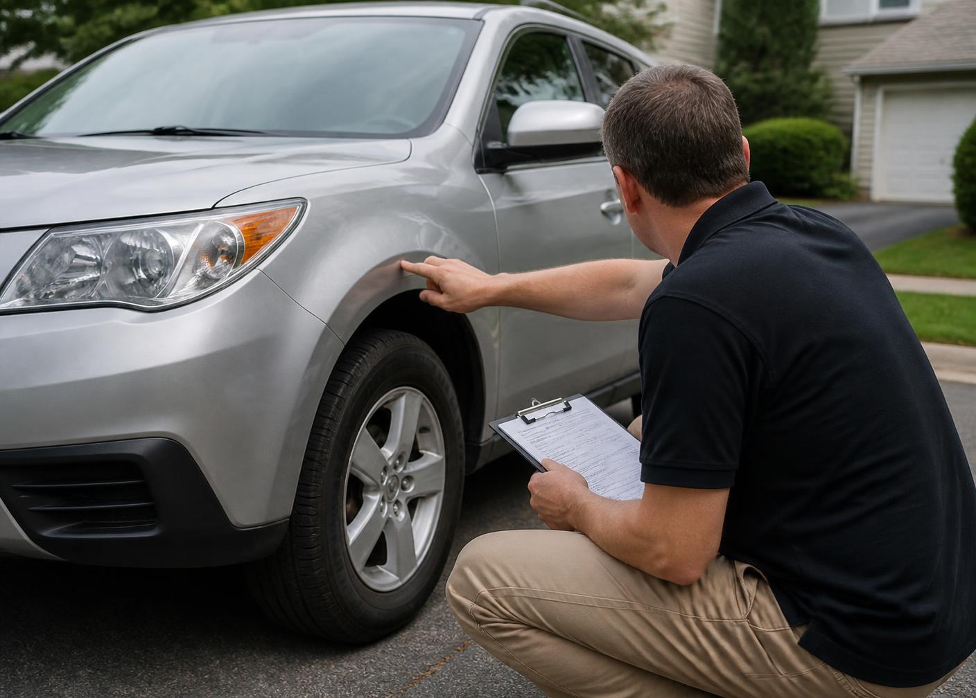 An Instant Sell Car buyer inspecting the front panel of a used SUV in a driveway